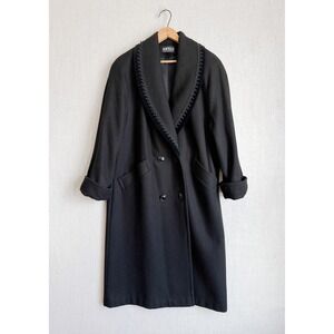 Vintage Jofeld Black Wool Long Coat Velvet Soutache Trim Shawl Collar USA Made